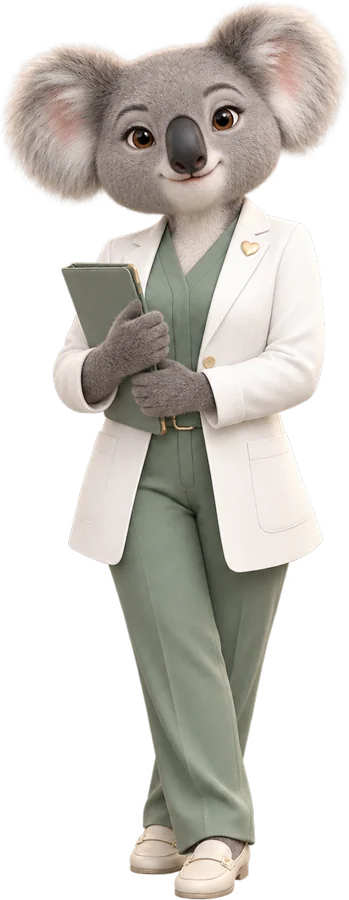 Koala de jaleco branco sobre uniforme verde, segurando uma prancheta — mascote do koalalabs